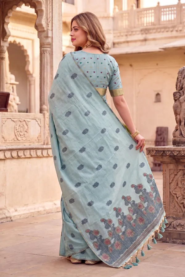 Premium_Soft_Muga_Cotton_sarees_with_Beautiful_?Colourfull_Resham_Weaving__Flower_Design_Pallu_With_Attractive_Traditional_Zari_Weaving__With_All_Over__Resham_Weaving__And_Resham_Weaving_Butti_Blouse_With_Fancy_Tassels