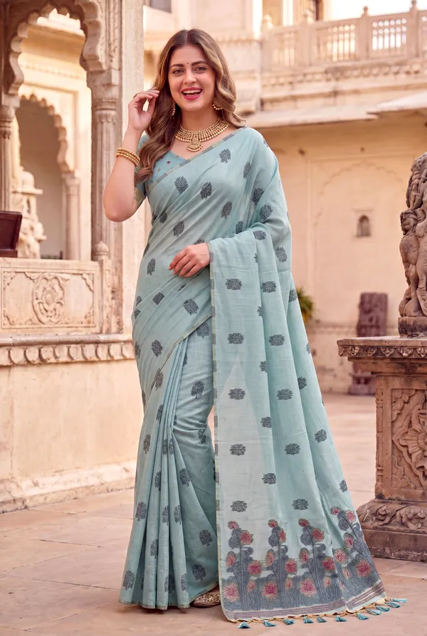 Premium_Soft_Muga_Cotton_sarees_with_Beautiful_?Colourfull_Resham_Weaving__Flower_Design_Pallu_With_Attractive_Traditional_Zari_Weaving__With_All_Over__Resham_Weaving__And_Resham_Weaving_Butti_Blouse_With_Fancy_Tassels