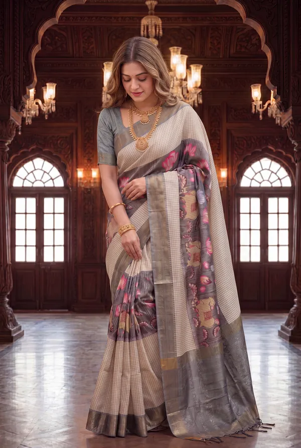 Soft_Tussar_Silk_sarees_with_Beautiful_Digital_Print_With_Attractive_Checks_Design_Saree_And_Digital_Print_Blouse_With_Tassels