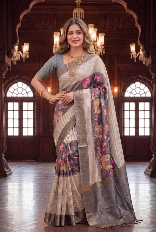 Soft_Tussar_Silk_sarees_with_Beautiful_Digital_Print_With_Attractive_Checks_Design_Saree_And_Digital_Print_Blouse_With_Tassels