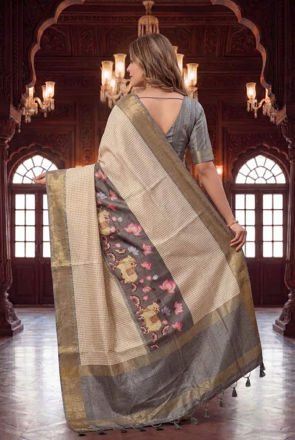 Soft_Tussar_Silk_sarees_with_Beautiful_Digital_Print_With_Attractive_Checks_Design_Saree_And_Digital_Print_Blouse_With_Tassels