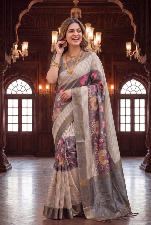Soft_Tussar_Silk_sarees_with_Beautiful_Digital_Print_With_Attractive_Checks_Design_Saree_And_Digital_Print_Blouse_With_Tassels