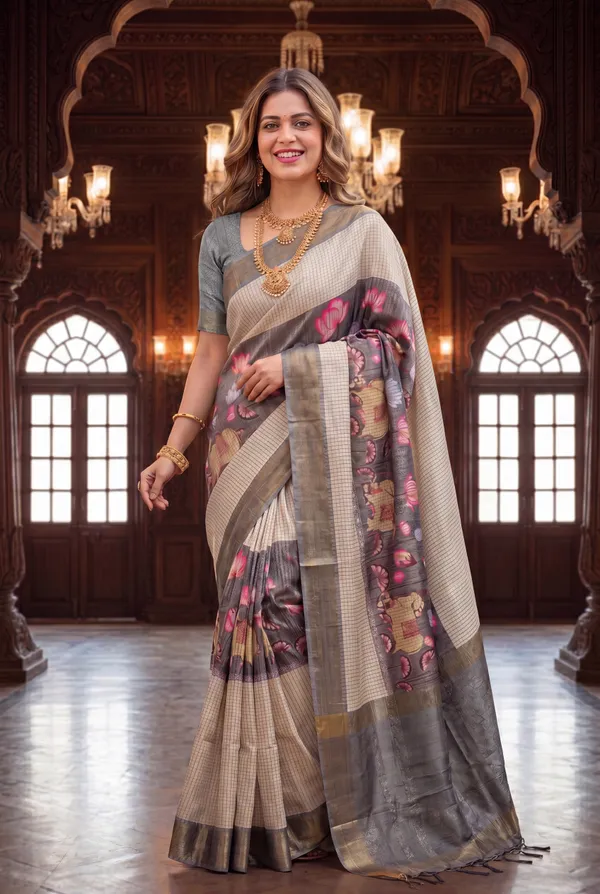 Soft_Tussar_Silk_sarees_with_Beautiful_Digital_Print_With_Attractive_Checks_Design_Saree_And_Digital_Print_Blouse_With_Tassels