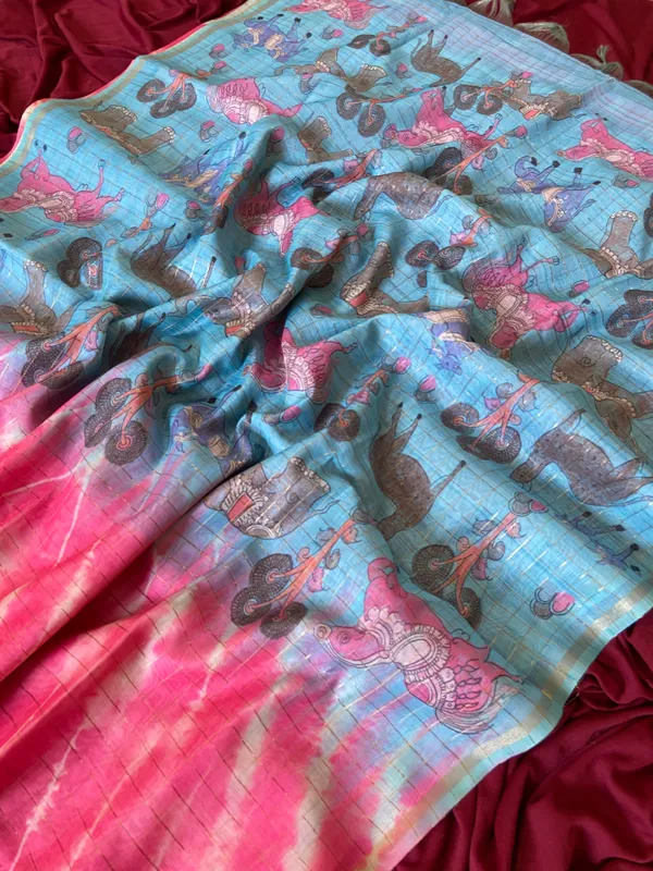 Soft_Tussar_Silk_sarees_with_Beautiful_Srikalahasti_Style_Of_Kalamkari_Digital_Print_With_Attractive_Border_And_Contrast_Print_Blouse_With_Tassels