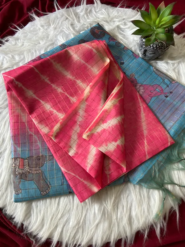 Soft_Tussar_Silk_sarees_with_Beautiful_Srikalahasti_Style_Of_Kalamkari_Digital_Print_With_Attractive_Border_And_Contrast_Print_Blouse_With_Tassels