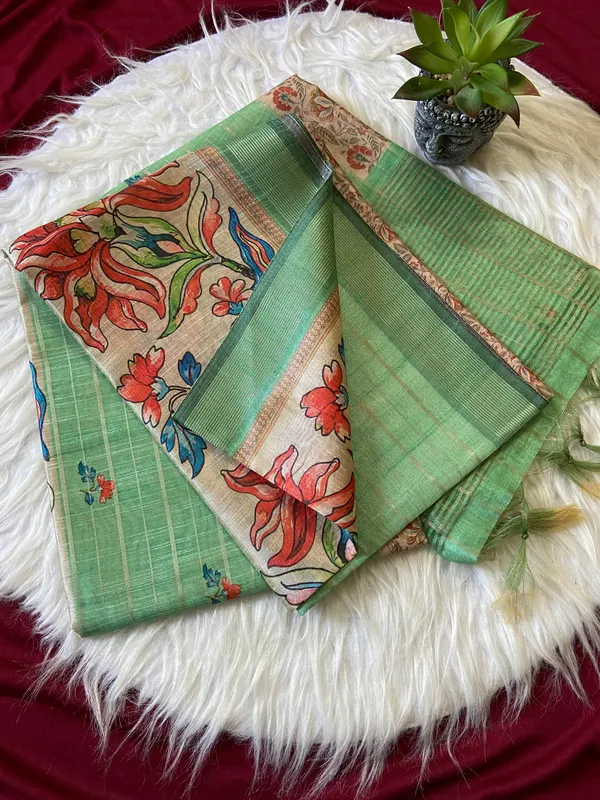 Soft_Semi_Tussar_Silk_sarees_with_Beautiful_Digital_Print_With_Attractive_Border_And_Contrast_Print_Blouse_With_Tassels
