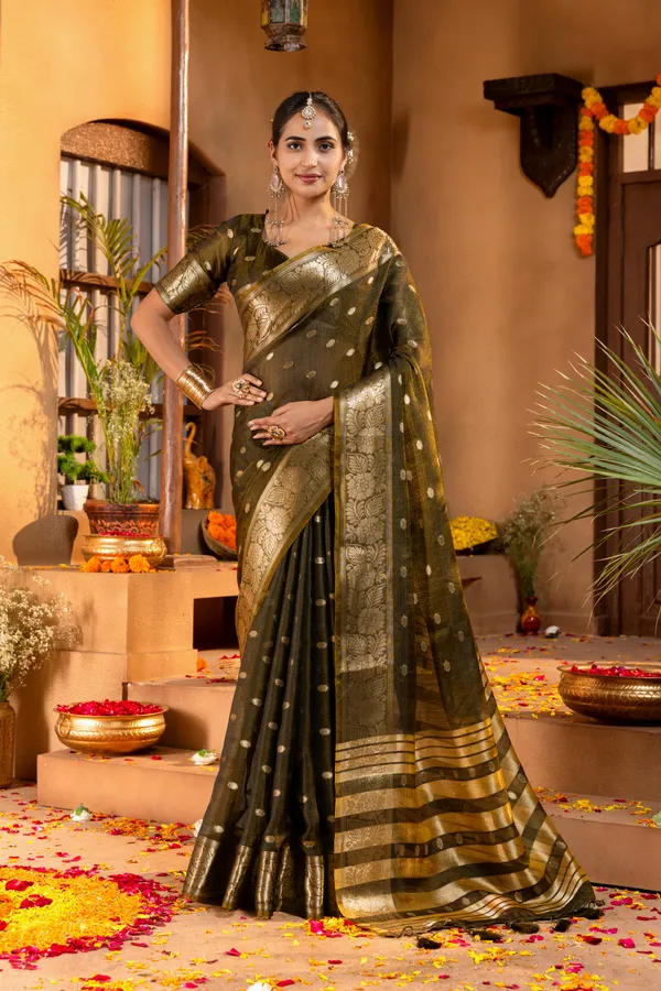 Premium_Soft_Khadi_Shimmer_sarees_with_Beautiful_Butti_Design_Weaving__Pallu_With_Attractive_Traditional_Zari_Weaving__Border_With_All_Over_Butti_Weaving__Design_And_Butti_Design_Weaving__Blouse_With_Fancy_Tassels