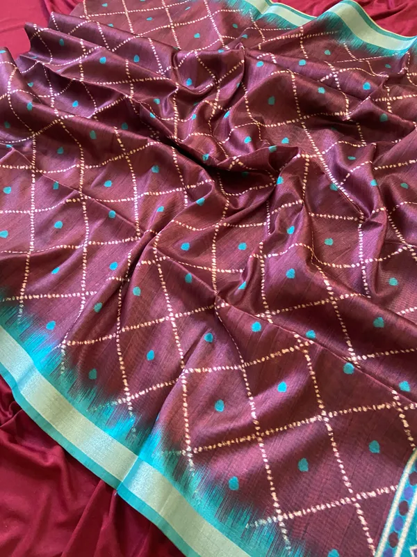 Soft_Tussar_Silk_sarees_with_Beautiful_Digital_Print_With_Attractive_Border_And_Contrast_Print_Blouse_With_Tassels