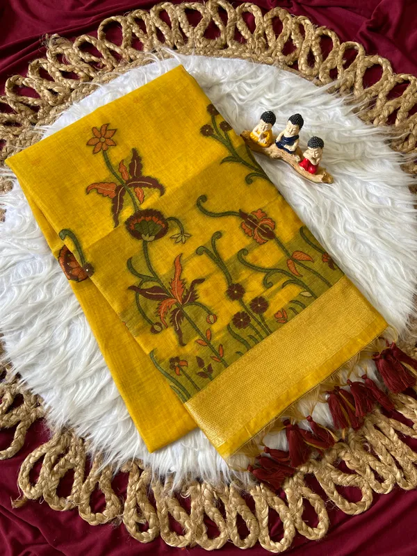 Premium_Soft_Muga_Cotton_sarees_with_Beautiful_Colourfull_Resham_Weaving__Flower_Design_Pallu_With_Attractive_Traditional_Zari_Weaving__With_All_Over__Resham_Weaving__And_Resham_Weaving_Butti_Blouse_With_Fancy_Tassels