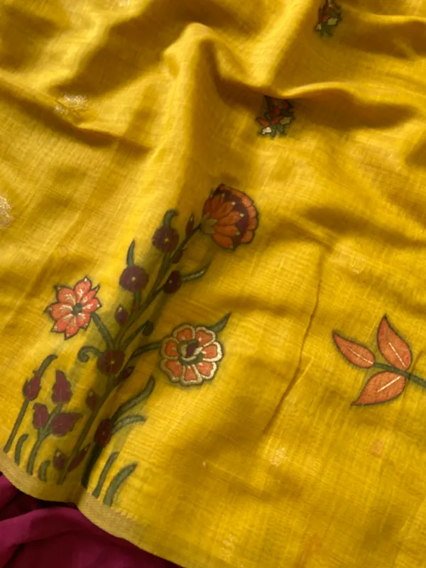 Premium_Soft_Muga_Cotton_sarees_with_Beautiful_Colourfull_Resham_Weaving__Flower_Design_Pallu_With_Attractive_Traditional_Zari_Weaving__With_All_Over__Resham_Weaving__And_Resham_Weaving_Butti_Blouse_With_Fancy_Tassels