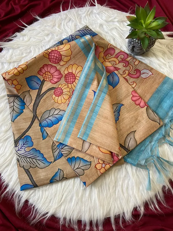 Soft_Tussar_Silk_sarees_with_Beautiful_Srikalahasti_Style_Of_Kalamkari_Print_With_Attractive_Border_And_Contrast_Print_Blouse_With_Tassels