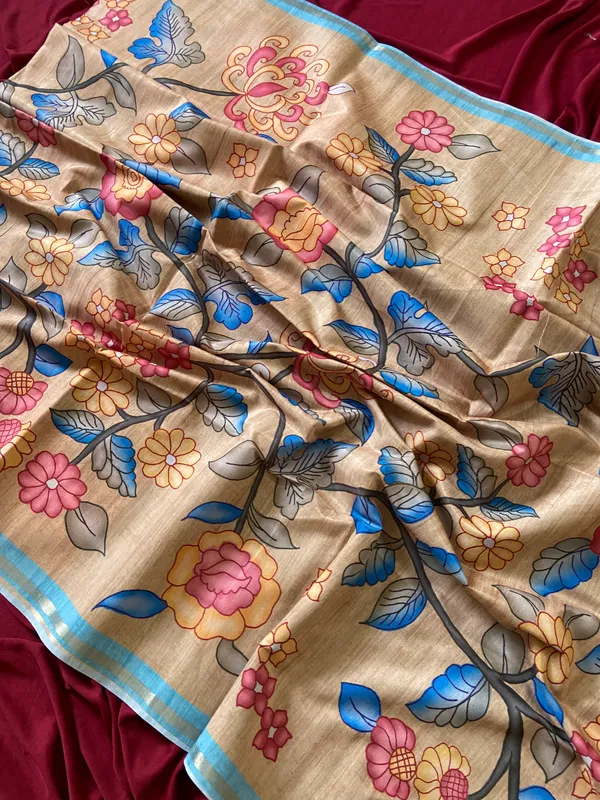 Soft_Tussar_Silk_sarees_with_Beautiful_Srikalahasti_Style_Of_Kalamkari_Print_With_Attractive_Border_And_Contrast_Print_Blouse_With_Tassels