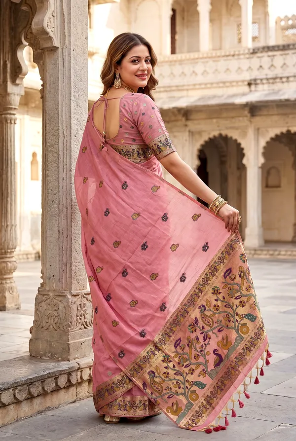 Premium_Soft_Muga_Cotton_Paithani_sarees_with_Beautiful_Weaving_Design_Featuring_Jungle_Theme_And_Swan_Motifs_Pallu_With_Attractive_All_Over_Resham_Weaving_Butti_Design_And_Resham_Weaving_Butti_Blouse_With_Fancy_Tassels