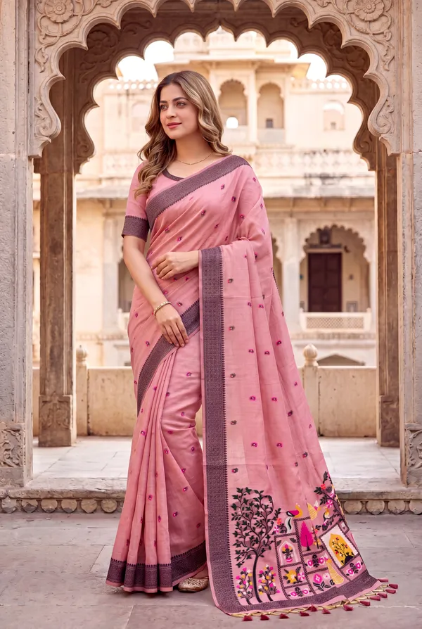 Premium_Soft_Jamdani_Cotton_sarees_with_Beautiful_Colourfull_3D_Woven_Peacock_Design_Pallu_With_Attractive_All_Over_Resham_Weaving_Butti_Design_With_Resham_Weaving_Border_And_Running_Blouse_With_Fancy_Tassels