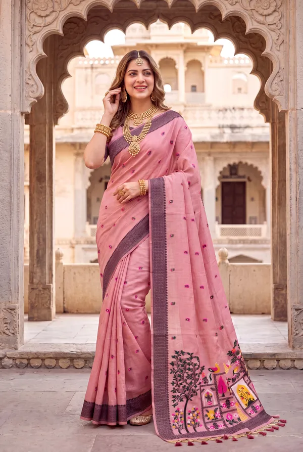 Premium_Soft_Jamdani_Cotton_sarees_with_Beautiful_Colourfull_3D_Woven_Peacock_Design_Pallu_With_Attractive_All_Over_Resham_Weaving_Butti_Design_With_Resham_Weaving_Border_And_Running_Blouse_With_Fancy_Tassels