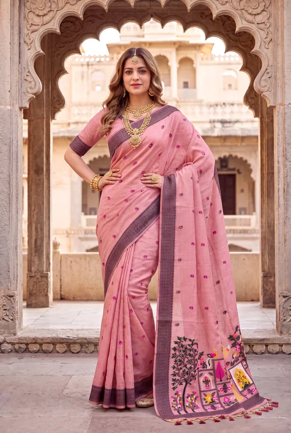 Premium_Soft_Jamdani_Cotton_sarees_with_Beautiful_Colourfull_3D_Woven_Peacock_Design_Pallu_With_Attractive_All_Over_Resham_Weaving_Butti_Design_With_Resham_Weaving_Border_And_Running_Blouse_With_Fancy_Tassels
