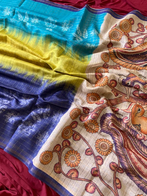 Soft_Tussar_Silk_sarees_with_Beautiful_Style_Of_Kalamkari_Digital_Print_With_Attractive_Border_And_Contrast_Print_Blouse_With_Tassels