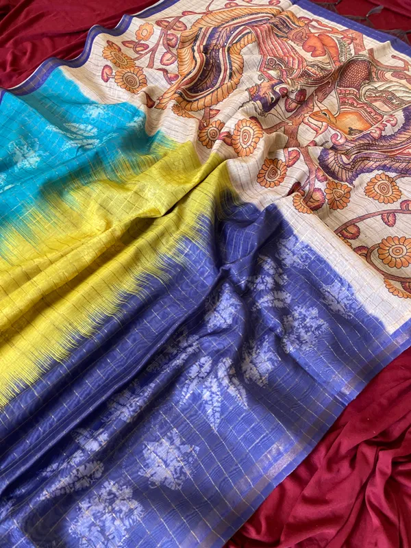 Soft_Tussar_Silk_sarees_with_Beautiful_Style_Of_Kalamkari_Digital_Print_With_Attractive_Border_And_Contrast_Print_Blouse_With_Tassels