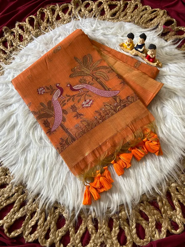 Premium_Soft_Muga_Cotton_sarees_with_Beautiful_Colourfull_Resham_Weaving__Peacock_Design_Pallu_With_Attractive_Traditional_Zari_Weaving__With_All_Over__Resham_Weaving__And_Resham_Weaving_Butti_Blouse_With_Fancy_Tassels