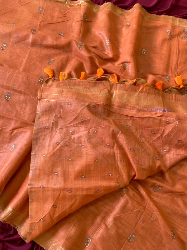 Premium_Soft_Muga_Cotton_sarees_with_Beautiful_Colourfull_Resham_Weaving__Peacock_Design_Pallu_With_Attractive_Traditional_Zari_Weaving__With_All_Over__Resham_Weaving__And_Resham_Weaving_Butti_Blouse_With_Fancy_Tassels