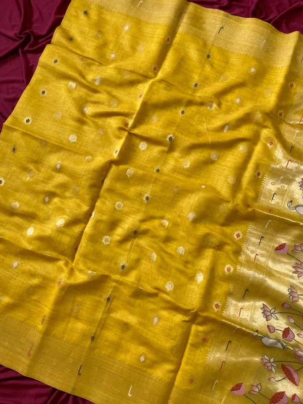 Premium_Soft_Muga_Cotton_Paithani_sarees_with_Beautiful_Colourfull_3D_Woven_Cow_Design_Pallu_With_Attractive_All_Over_Resham_Weaving_Butti_Design_With_Zari_Weaving_Border_And_Resham_Weaving_Butti_Blouse_With_Fancy_Tassels