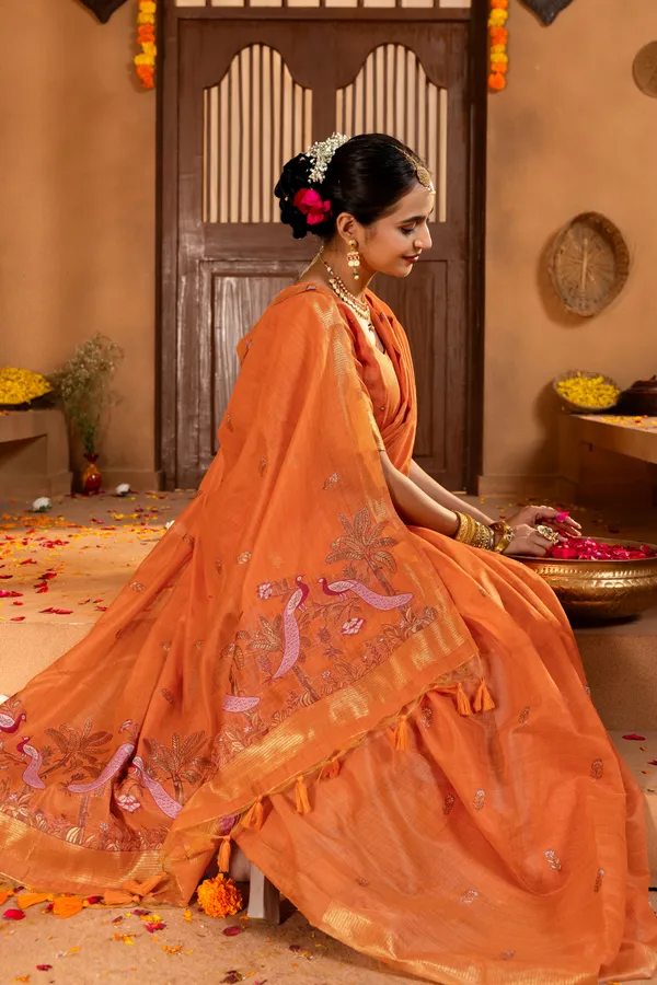 Premium_Soft_Muga_Cotton_sarees_with_Beautiful_?Colourfull_Resham_Weaving__Peacock_Design_Pallu_With_Attractive_Traditional_Zari_Weaving__With_All_Over__Resham_Weaving__And_Resham_Weaving_Butti_Blouse_With_Fancy_Tassels