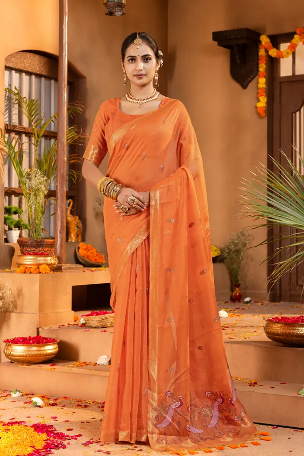 Premium_Soft_Muga_Cotton_sarees_with_Beautiful_?Colourfull_Resham_Weaving__Peacock_Design_Pallu_With_Attractive_Traditional_Zari_Weaving__With_All_Over__Resham_Weaving__And_Resham_Weaving_Butti_Blouse_With_Fancy_Tassels