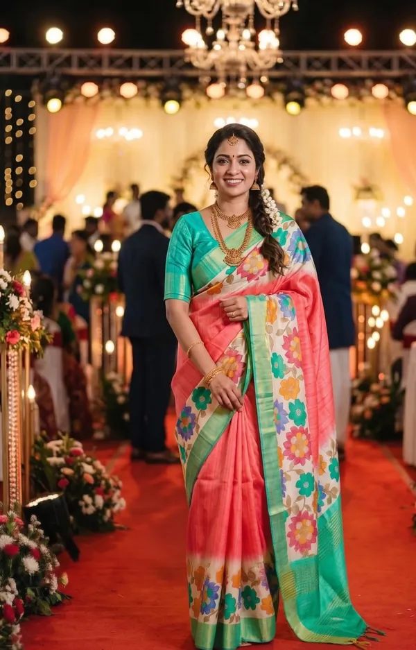 Soft_Tussar_Silk_sarees_with_Beautiful_Digital_Print_With_Attractive_Border_And_Contrast_Print_Blouse_With_Tassels