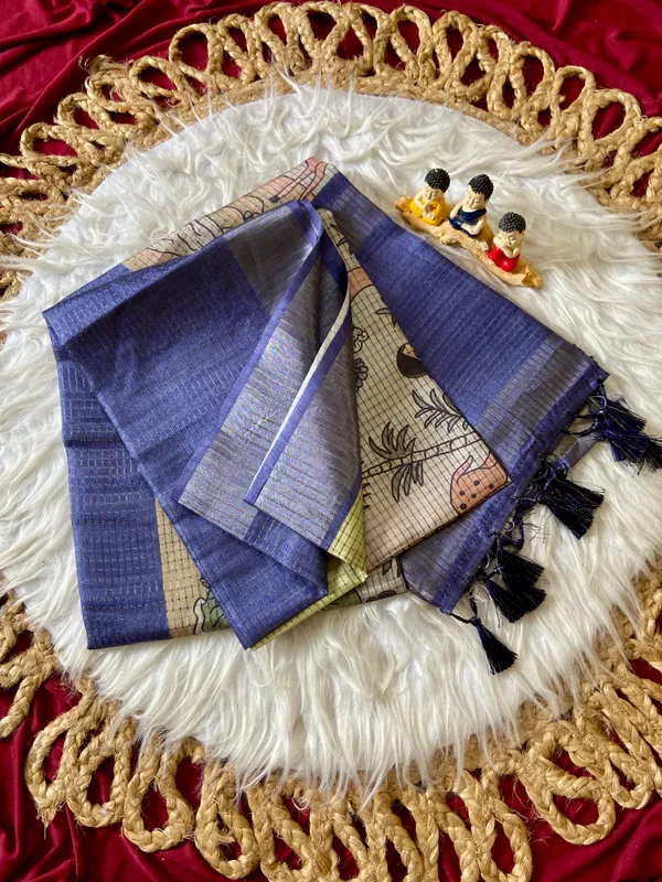 Soft_Tussar_Silk_sarees_with_Beautiful_Digital_Print_With_Attractive_Checks_Design_Saree_And_Digital_Print_Blouse_With_Tassels