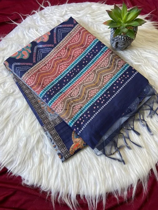 Soft_Tussar_Silk_sarees_with_Beautiful_Digital_Print_With_Attractive_Border_And_Contrast_Print_Blouse_With_Tassels