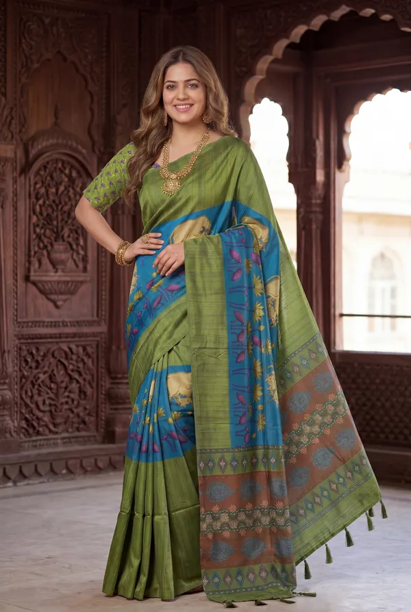 Soft_Desi_Tussar_Silk_sarees_with_Beautiful_Digital_Print_With_Attractive_Border_And_Contrast_Print_Blouse_With_Tassels