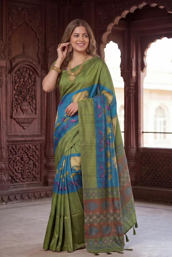 Soft_Desi_Tussar_Silk_sarees_with_Beautiful_Digital_Print_With_Attractive_Border_And_Contrast_Print_Blouse_With_Tassels