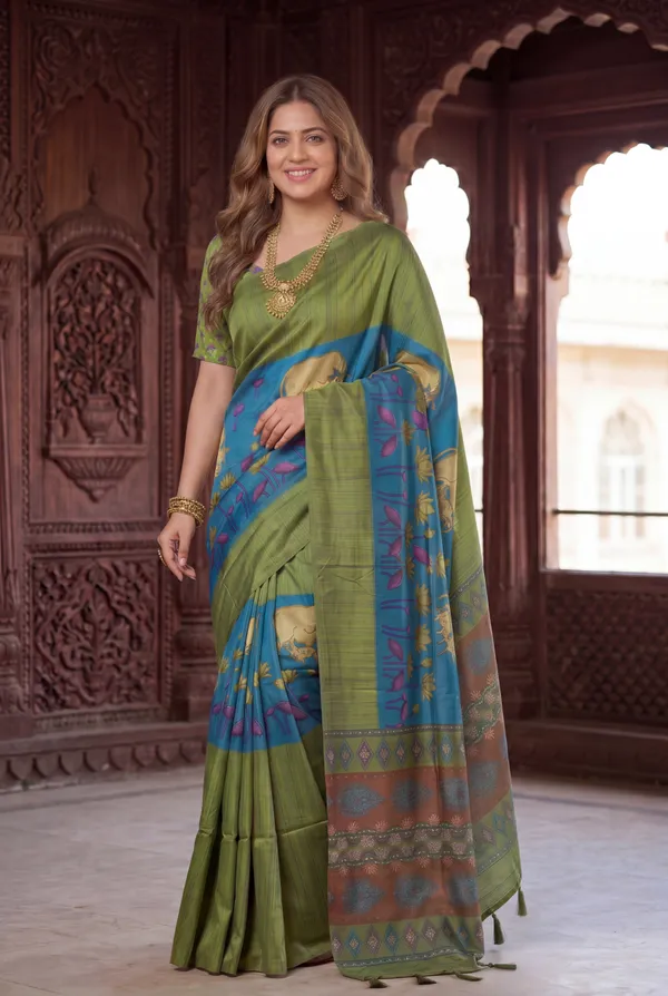 Soft_Desi_Tussar_Silk_sarees_with_Beautiful_Digital_Print_With_Attractive_Border_And_Contrast_Print_Blouse_With_Tassels