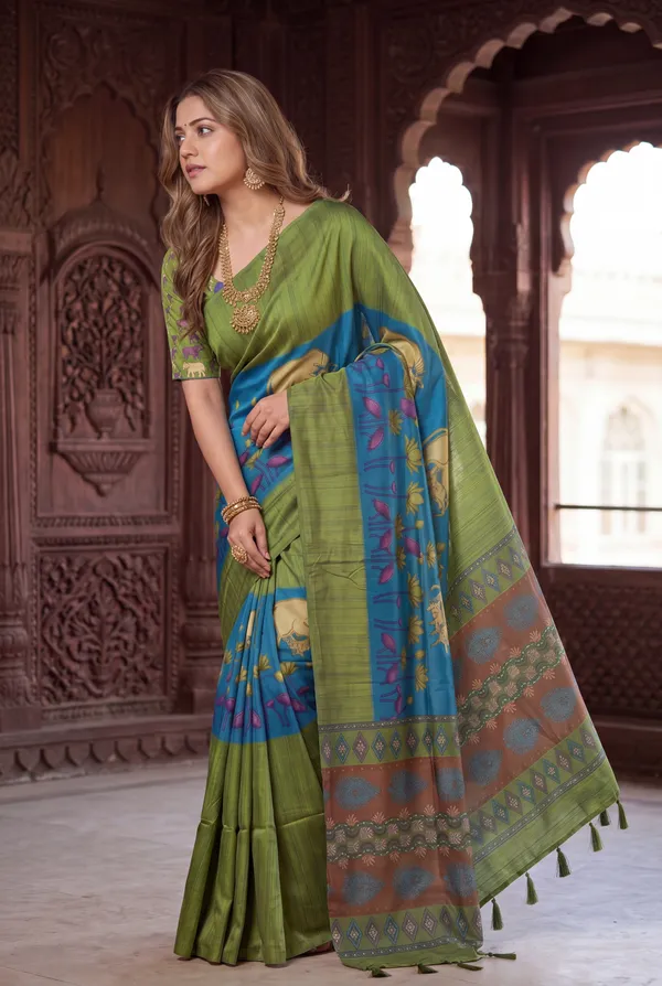 Soft_Desi_Tussar_Silk_sarees_with_Beautiful_Digital_Print_With_Attractive_Border_And_Contrast_Print_Blouse_With_Tassels