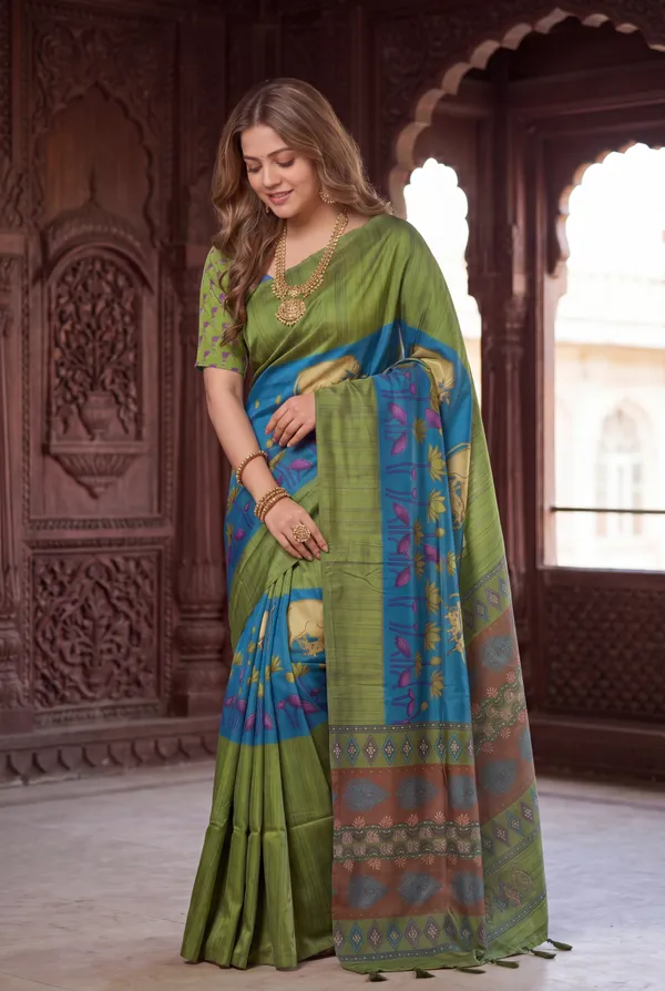 Soft_Desi_Tussar_Silk_sarees_with_Beautiful_Digital_Print_With_Attractive_Border_And_Contrast_Print_Blouse_With_Tassels