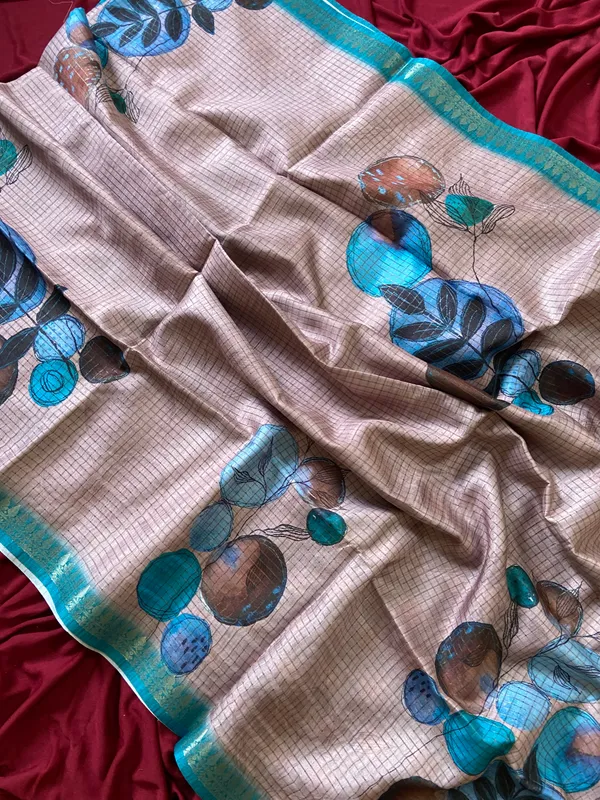 Soft_Tussar_Silk_sarees_with_Beautiful_Digital_Print_With_Attractive_Checks_Design_Saree_And_Digital_Print_Blouse_With_Tassels