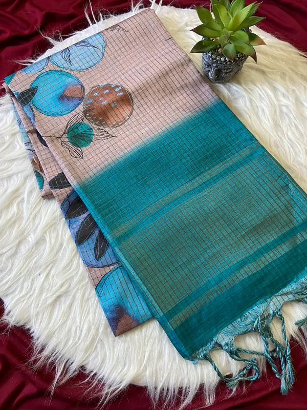 Soft_Tussar_Silk_sarees_with_Beautiful_Digital_Print_With_Attractive_Checks_Design_Saree_And_Digital_Print_Blouse_With_Tassels