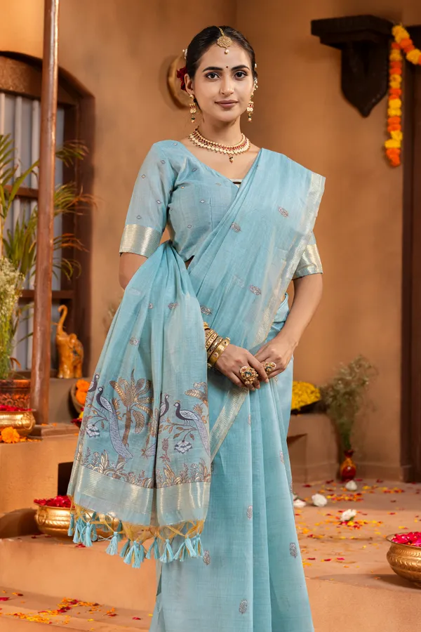 Premium_Soft_Muga_Cotton_sarees_with_Beautiful_?Colourfull_Resham_Weaving__Peacock_Design_Pallu_With_Attractive_Traditional_Zari_Weaving__With_All_Over__Resham_Weaving__And_Resham_Weaving_Butti_Blouse_With_Fancy_Tassels