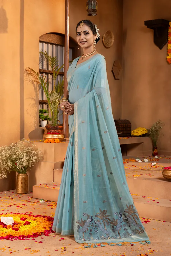 Premium_Soft_Muga_Cotton_sarees_with_Beautiful_?Colourfull_Resham_Weaving__Peacock_Design_Pallu_With_Attractive_Traditional_Zari_Weaving__With_All_Over__Resham_Weaving__And_Resham_Weaving_Butti_Blouse_With_Fancy_Tassels