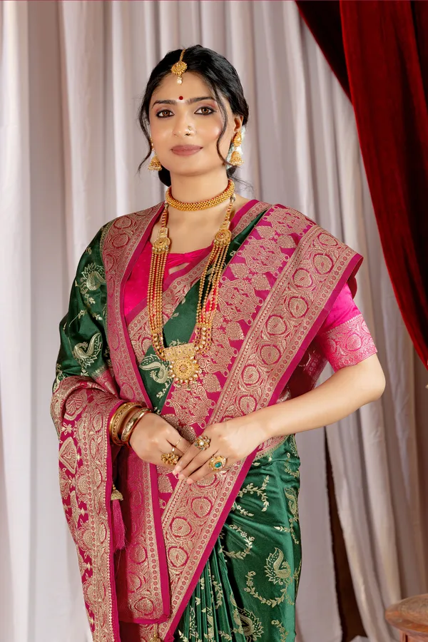 Banarasi_Pure_Satin_Silk_sarees_with_Beautiful_Peacock_in_Contrast_Pink-Green_Shades_With_Attractive_Weaving_Gold_Zari_Design_And_Contrast_Blouse_With_Tassels