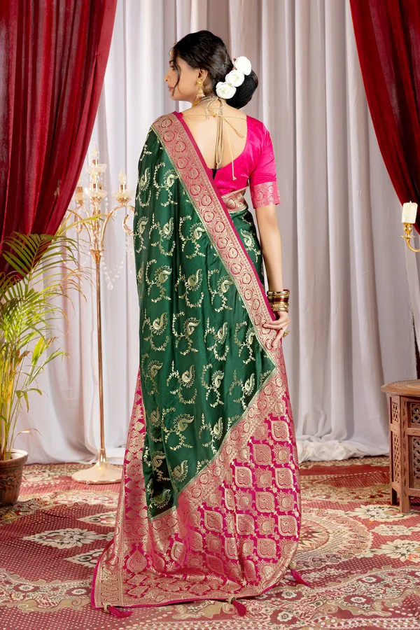 Banarasi_Pure_Satin_Silk_sarees_with_Beautiful_Peacock_in_Contrast_Pink-Green_Shades_With_Attractive_Weaving_Gold_Zari_Design_And_Contrast_Blouse_With_Tassels