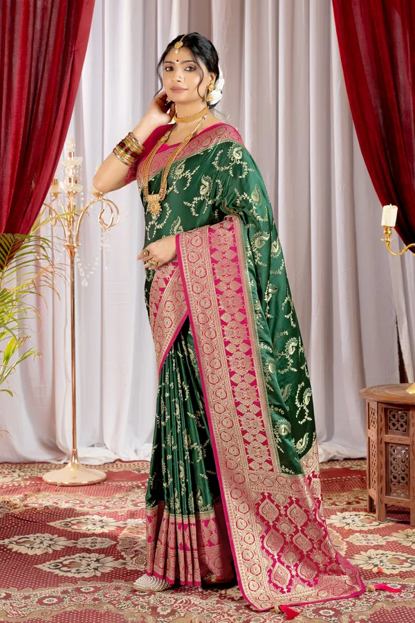 Banarasi_Pure_Satin_Silk_sarees_with_Beautiful_Peacock_in_Contrast_Pink-Green_Shades_With_Attractive_Weaving_Gold_Zari_Design_And_Contrast_Blouse_With_Tassels