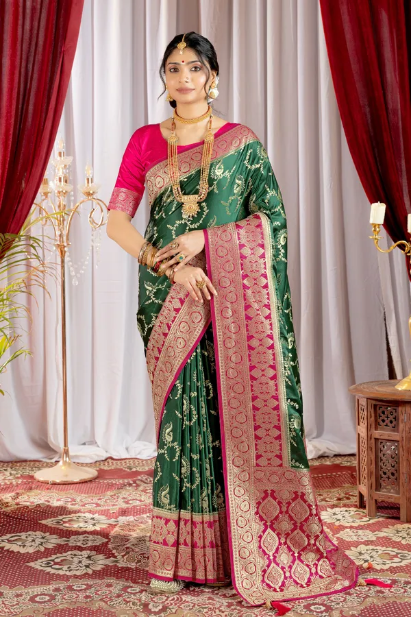 Banarasi_Pure_Satin_Silk_sarees_with_Beautiful_Peacock_in_Contrast_Pink-Green_Shades_With_Attractive_Weaving_Gold_Zari_Design_And_Contrast_Blouse_With_Tassels