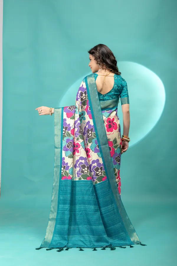 Soft_Tussar_Silk_sarees_with_Beautiful_Style_Of_Floral_Digital_Print_With_Attractive_Border_And_Contrast_Print_Blouse_With_Tassels