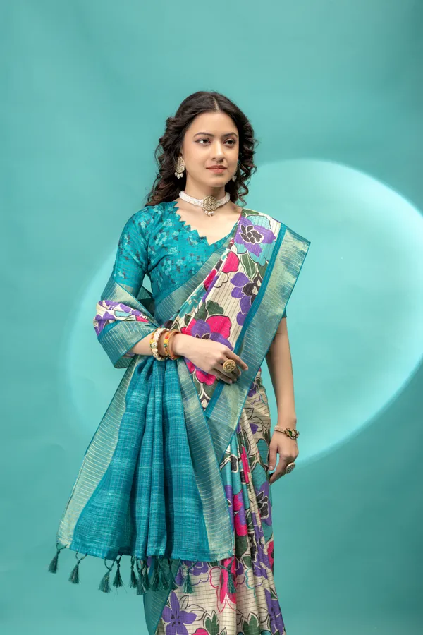 Soft_Tussar_Silk_sarees_with_Beautiful_Style_Of_Floral_Digital_Print_With_Attractive_Border_And_Contrast_Print_Blouse_With_Tassels