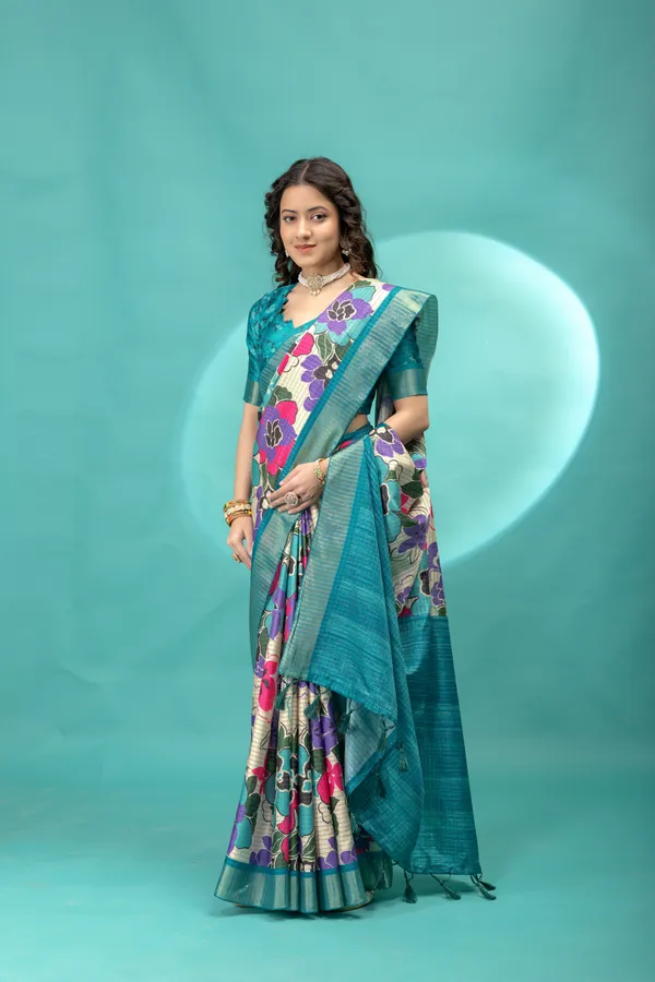 Soft_Tussar_Silk_sarees_with_Beautiful_Style_Of_Floral_Digital_Print_With_Attractive_Border_And_Contrast_Print_Blouse_With_Tassels