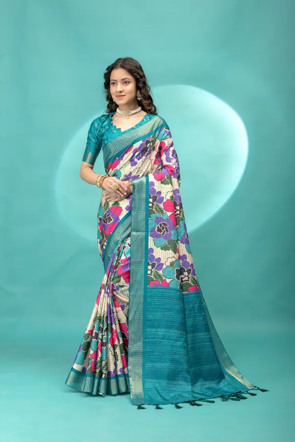 Soft_Tussar_Silk_sarees_with_Beautiful_Style_Of_Floral_Digital_Print_With_Attractive_Border_And_Contrast_Print_Blouse_With_Tassels