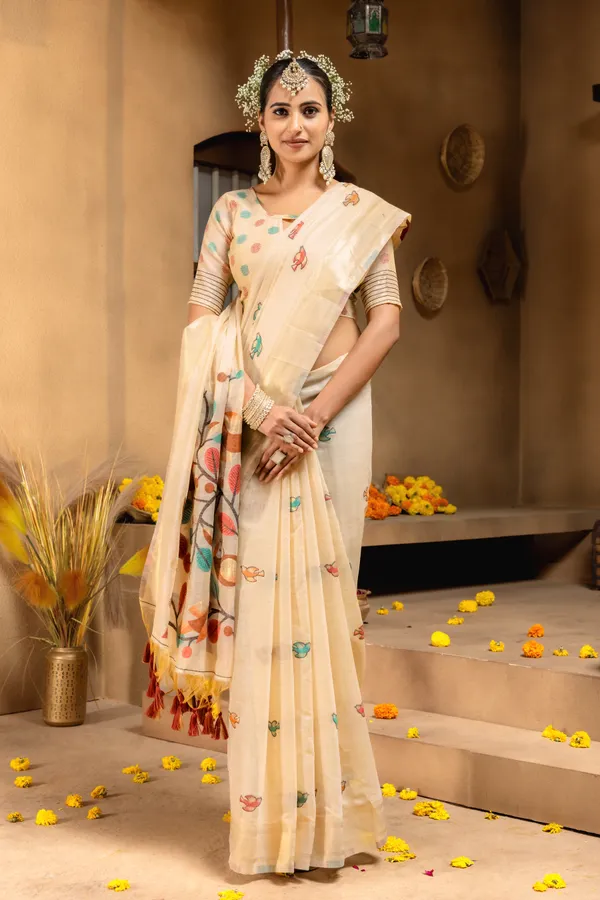 Premium_Soft_Muga_Cotton_sarees_with_Beautiful_Colourfull_Resham_Weaving_Pallu_With_Attractive_Traditional_Zari_Weaving_Border_With_All_Over_Resham_Weaving_Birds_Design_And_Resham_Weaving_Butti_Blouse_With_Fancy_Tassels