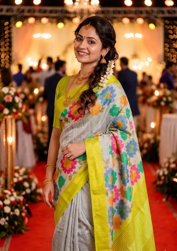 Soft_Tussar_Silk_sarees_with_Beautiful_Digital_Print_With_Attractive_Border_And_Contrast_Print_Blouse_With_Tassels