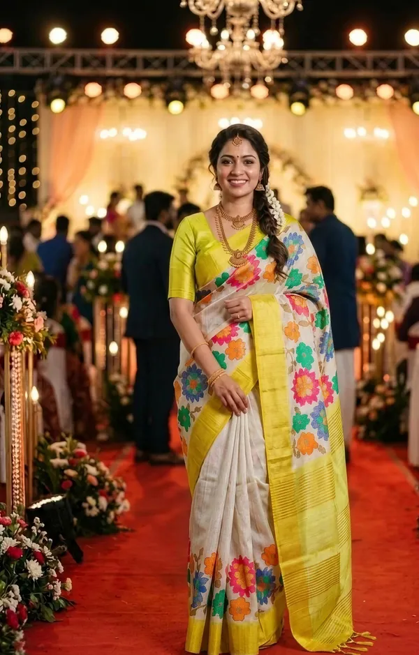 Soft_Tussar_Silk_sarees_with_Beautiful_Digital_Print_With_Attractive_Border_And_Contrast_Print_Blouse_With_Tassels